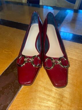 LIMITED EDITION Burgundy Patent Leather Square-Toe Flats with Gold Chain Accent